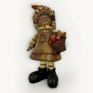 Vintage Girl Thanksgiving Figurine Fall Straw Hair Basket Hat Resin
